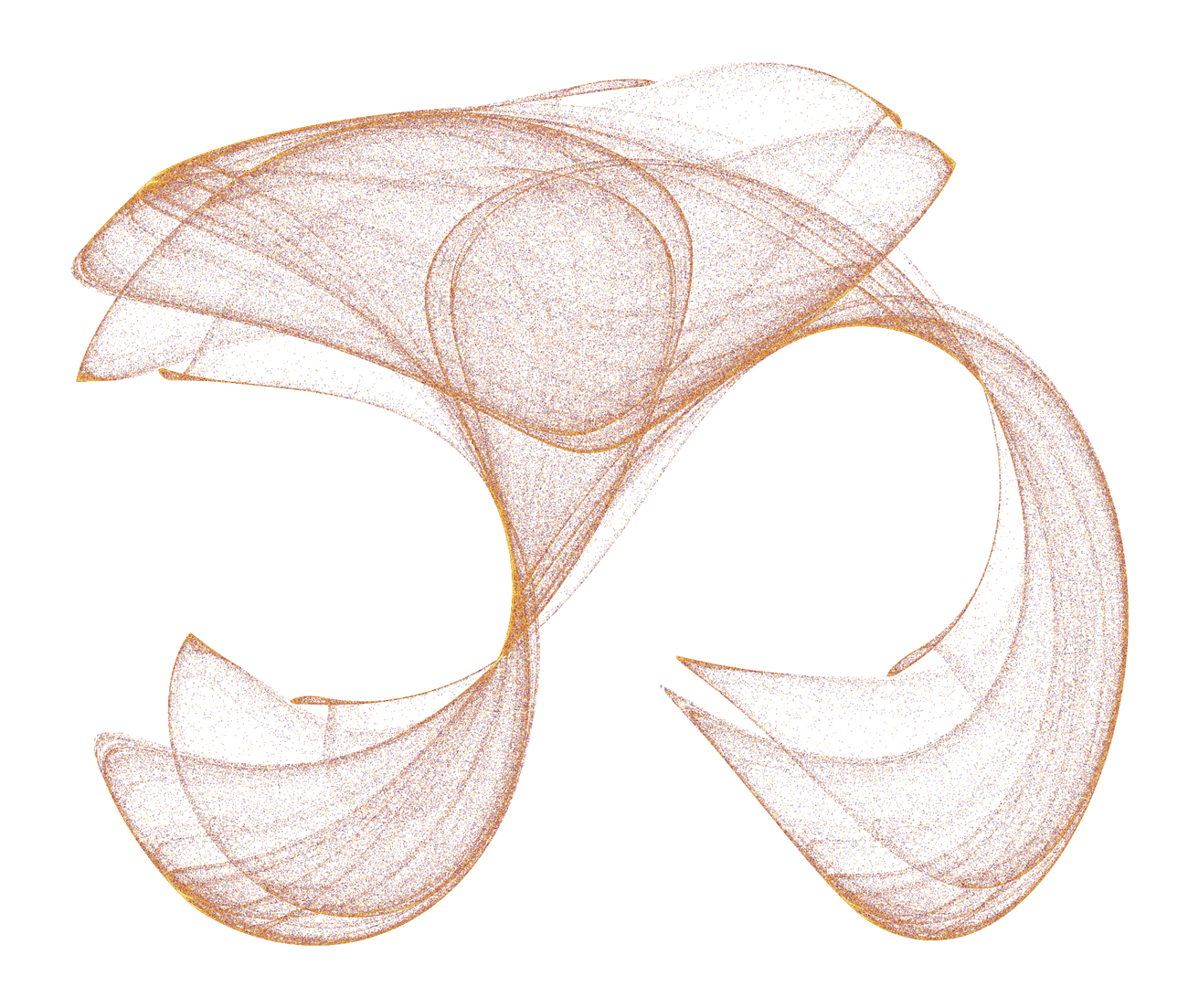 A dense static scatter plot of the Clifford attractor, forming sweeping curved bands and lobes that look like folded ribbons.