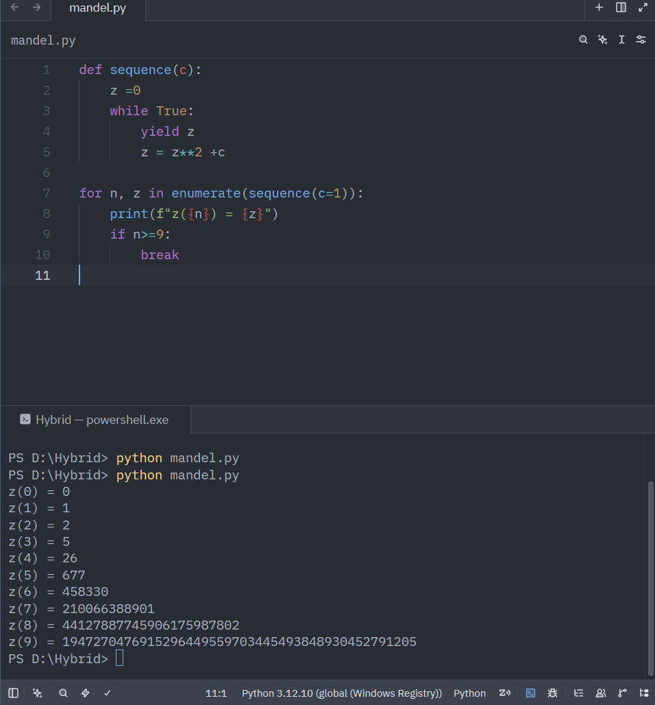 A terminal showing a Python script that iterates z = z² + c for a single point (c=1) and prints each value; the sequence diverges rapidly by z(9)