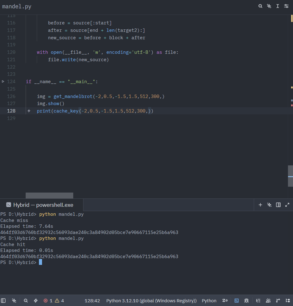 A terminal showing mandel.py run twice: the first run prints 'Cache miss' with an elapsed time of 7.64 seconds, the second prints 'Cache hit' with an elapsed time of 0.01 seconds, both followed by the identical SHA-256 cache key.