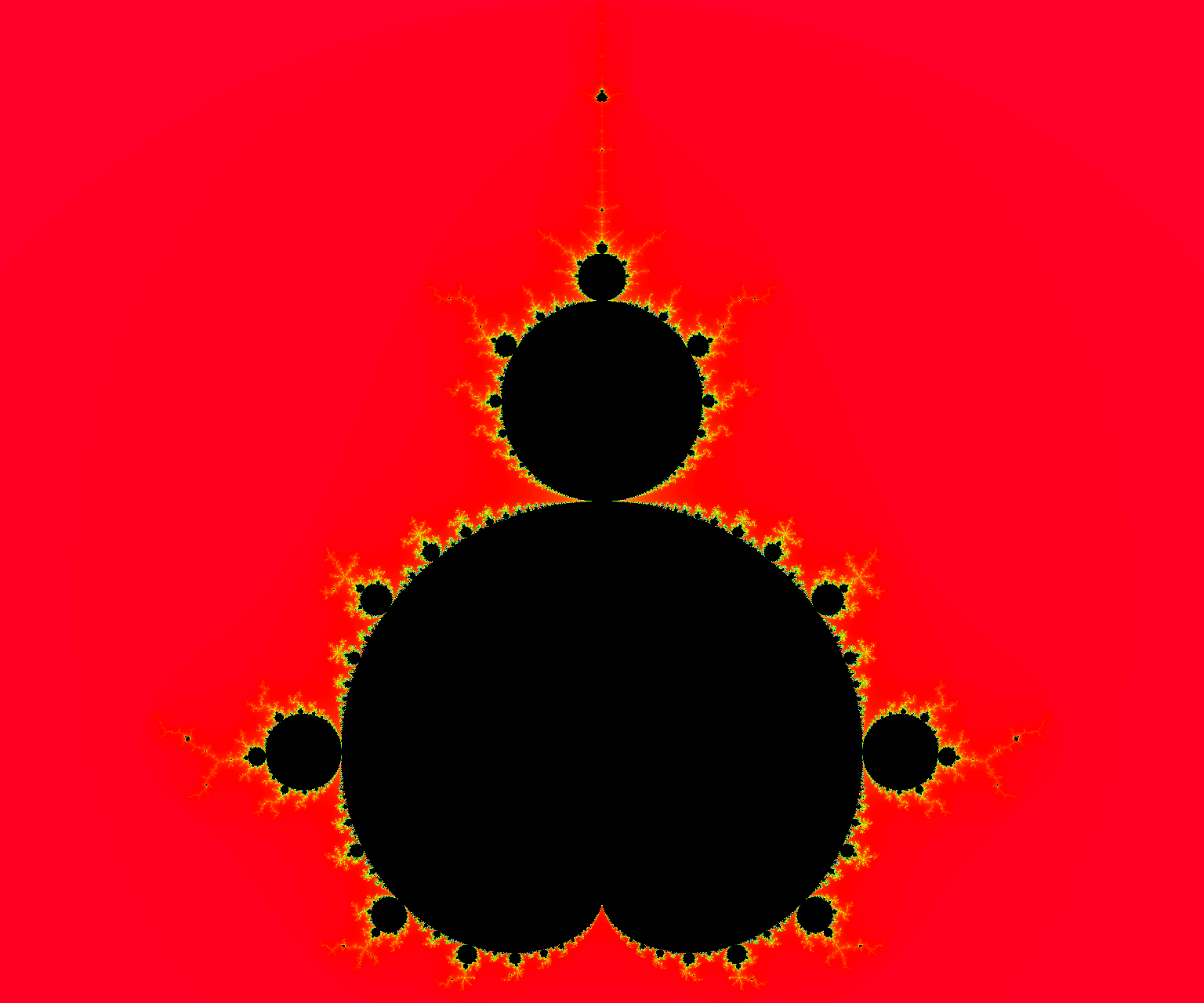 The Mandelbrot set rendered with the gist_rainbow colormap: high-contrast rainbow escape bands.