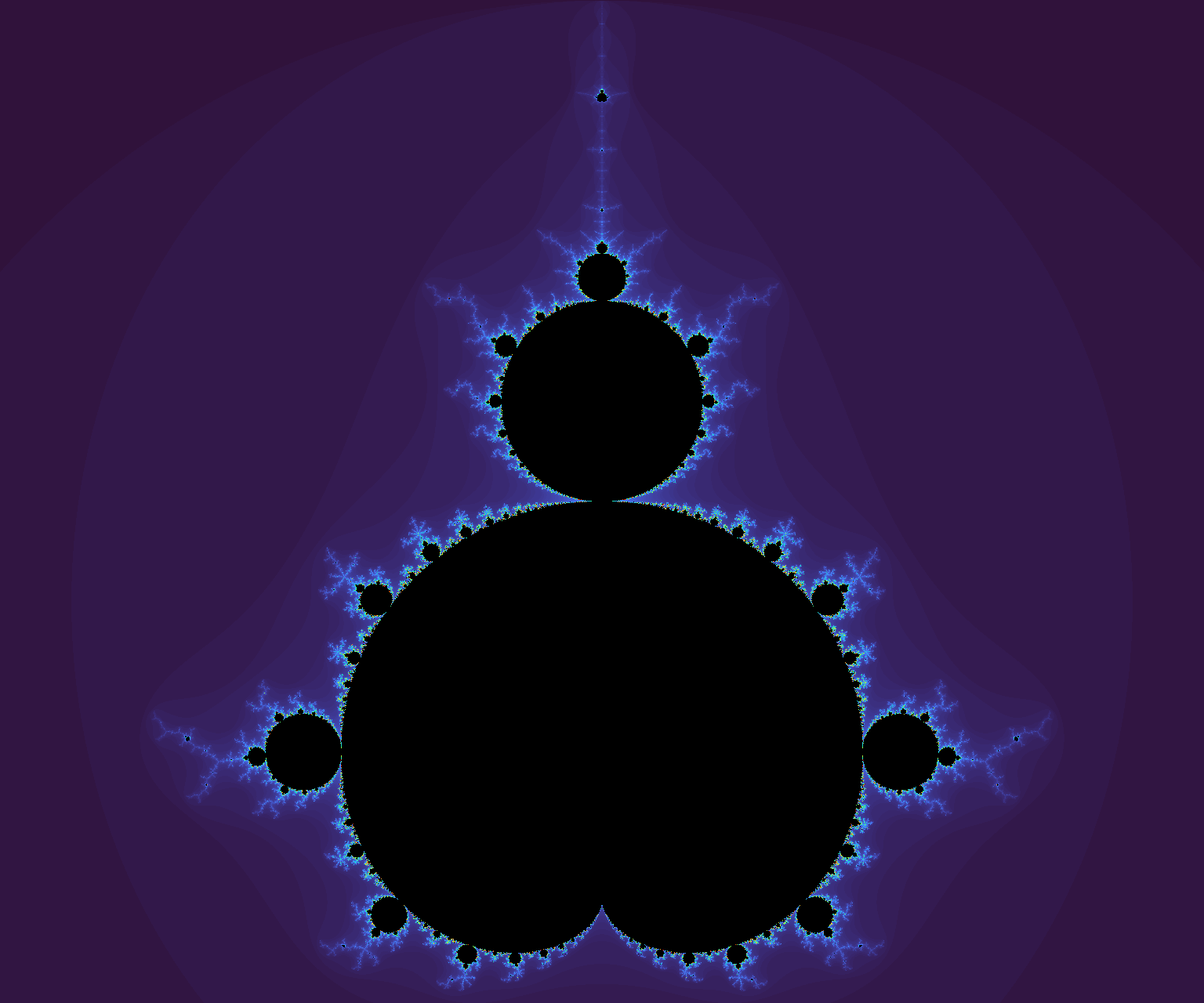 The Mandelbrot set rendered with the turbo colormap: bright rainbow bands from blue through red.